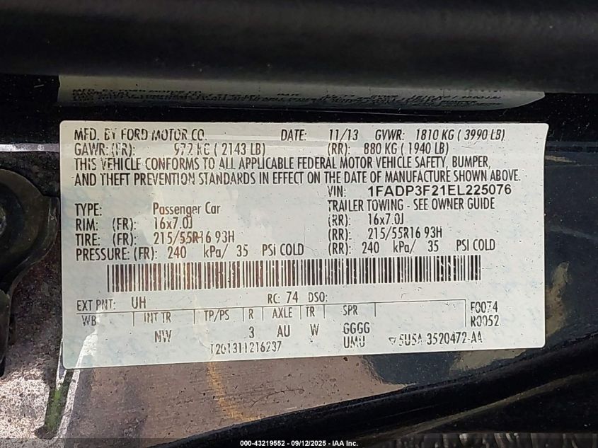 2014 Ford Focus Se VIN: 1FADP3F21EL225076 Lot: 43219552