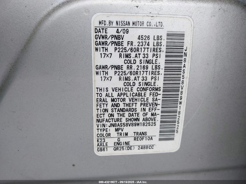 2009 Nissan Rogue Sl VIN: JN8AS58V89W182525 Lot: 43219577