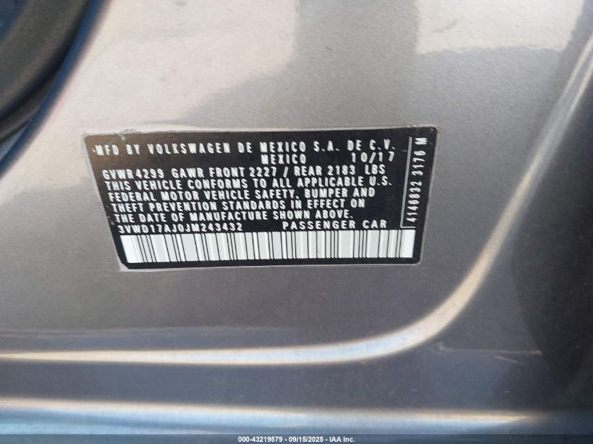 2018 Volkswagen Jetta 1.8T Se Sport VIN: 3VWD17AJ0JM243432 Lot: 43219579