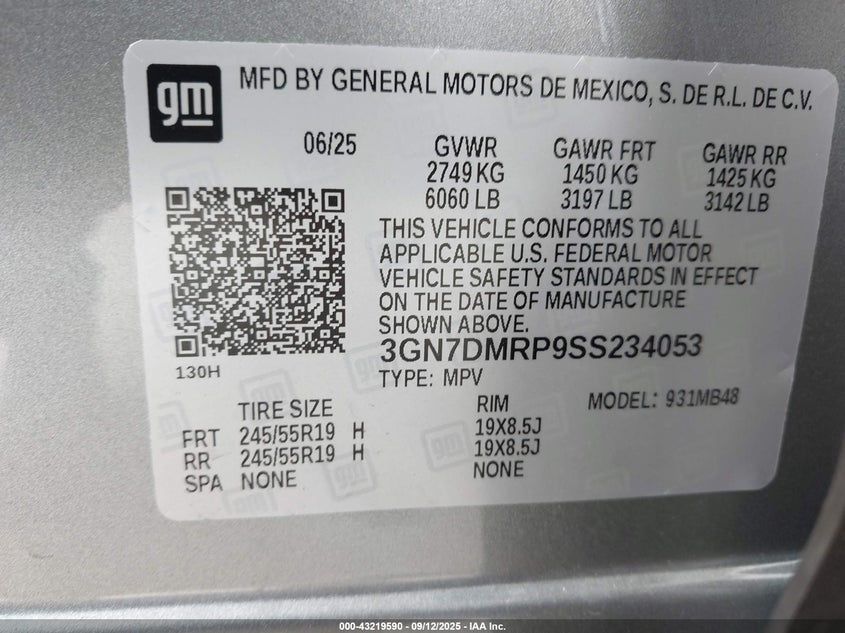 2025 Chevrolet Equinox Ev Lt 1 VIN: 3GN7DMRP9SS234053 Lot: 43219590