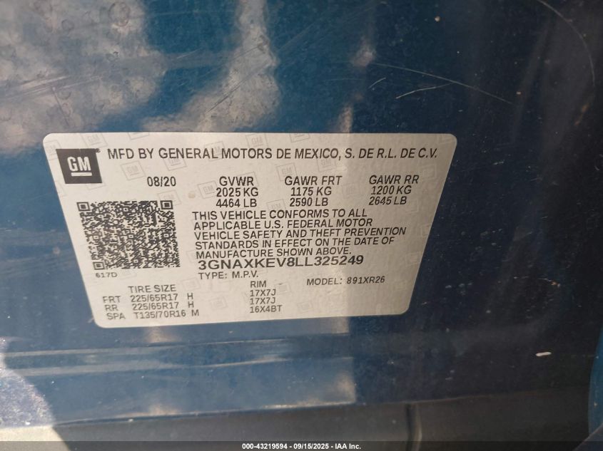 2020 Chevrolet Equinox Fwd Lt 1.5L Turbo VIN: 3GNAXKEV8LL325249 Lot: 43219594