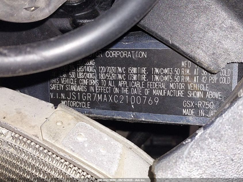 2012 Suzuki Gsx750 VIN: JS1GR7MAXC2100769 Lot: 43219600