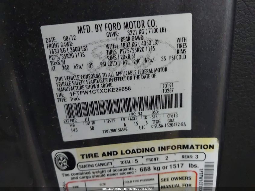 2012 Ford F-150 Fx2 VIN: 1FTFW1CTXCKE29658 Lot: 43219602