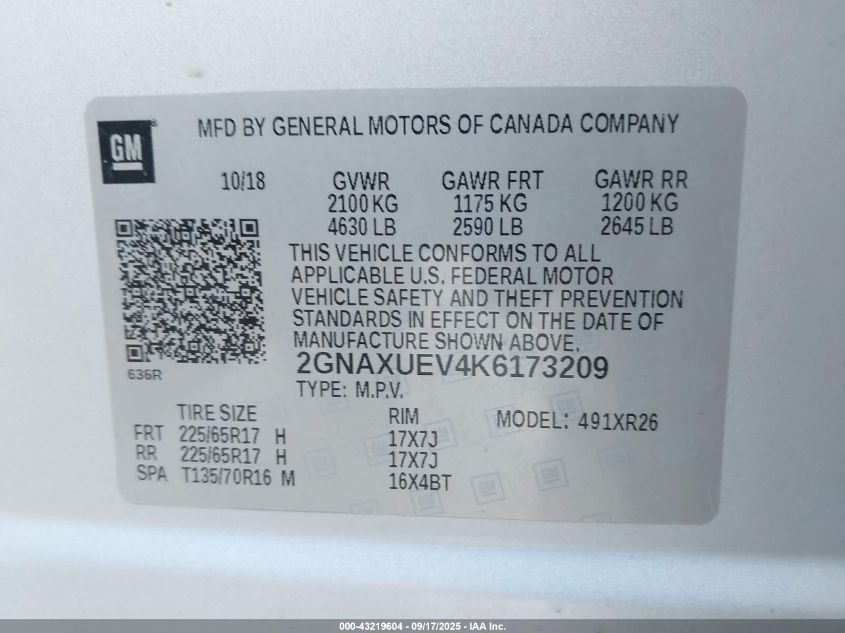 2019 Chevrolet Equinox Lt VIN: 2GNAXUEV4K6173209 Lot: 43219604