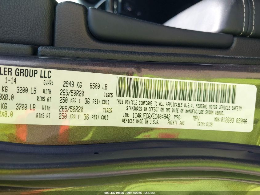 2014 Jeep Grand Cherokee Overland VIN: 1C4RJECGXEC404942 Lot: 43219606