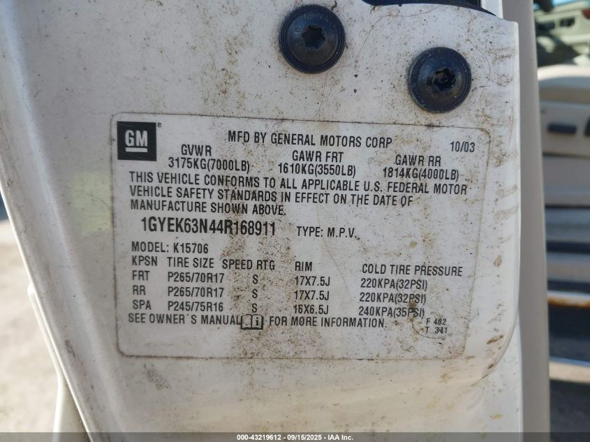 2004 Cadillac Escalade Standard VIN: 1GYEK63N44R168911 Lot: 43219612