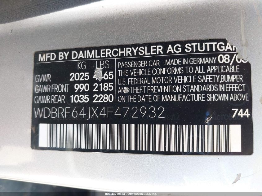 2004 Mercedes-Benz C 320 Sport VIN: WDBRF64JX4F472932 Lot: 43219623