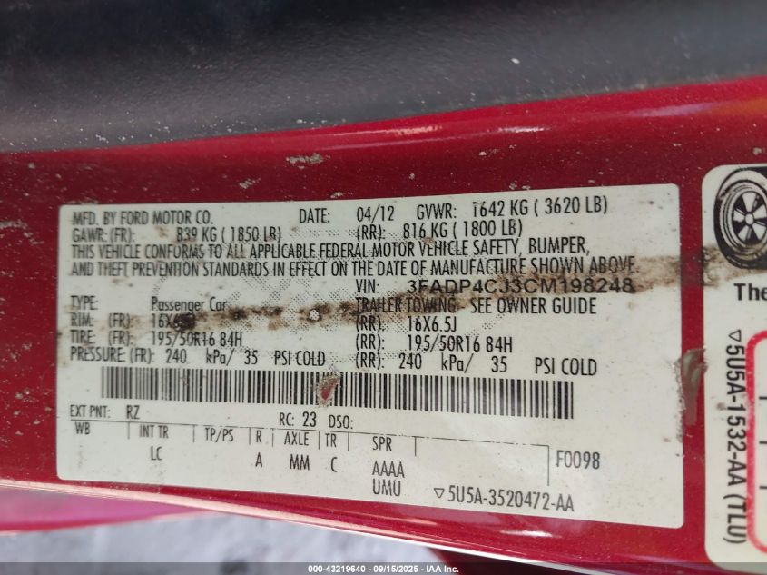 2012 Ford Fiesta Sel VIN: 3FADP4CJ3CM198248 Lot: 43219640