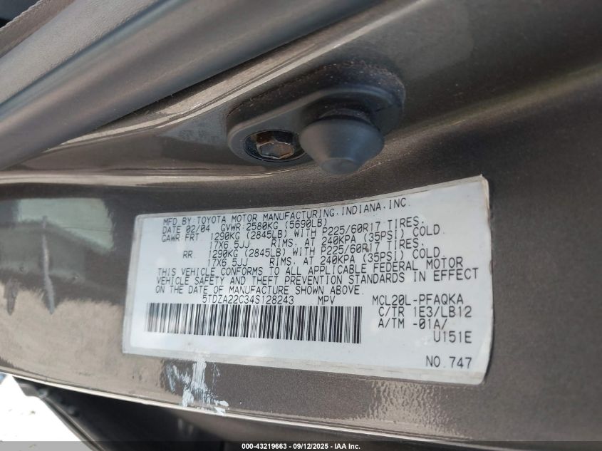 2004 Toyota Sienna Xle VIN: 5TDZA22C34S128243 Lot: 43219663