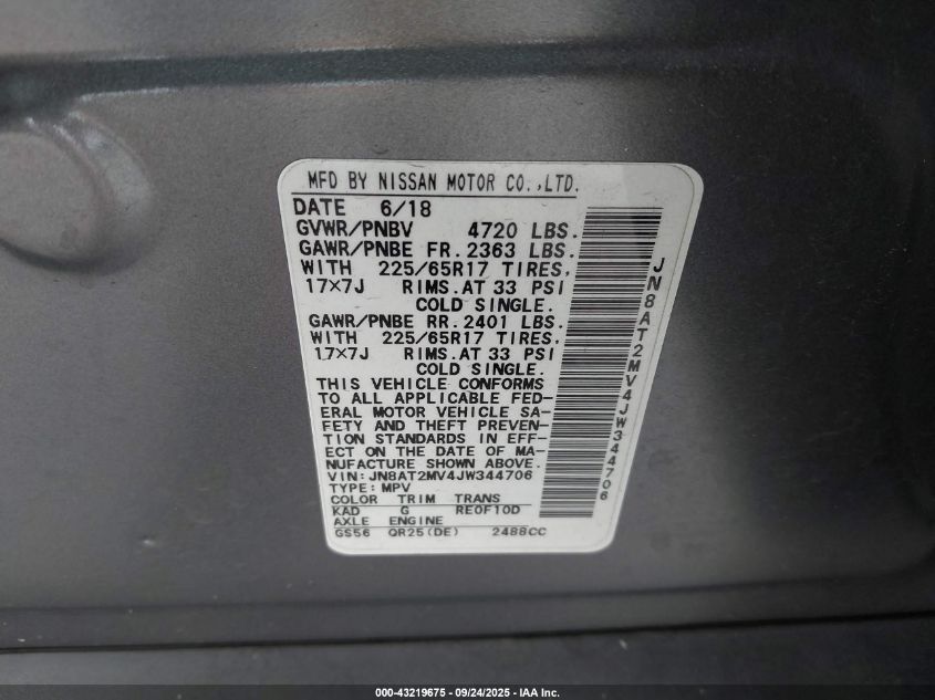 2018 Nissan Rogue Sv VIN: JN8AT2MV4JW344706 Lot: 43219675