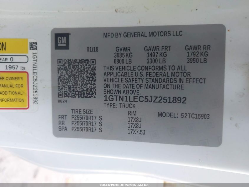 2018 GMC Sierra 1500 VIN: 1GTN1LEC5JZ251892 Lot: 43219693