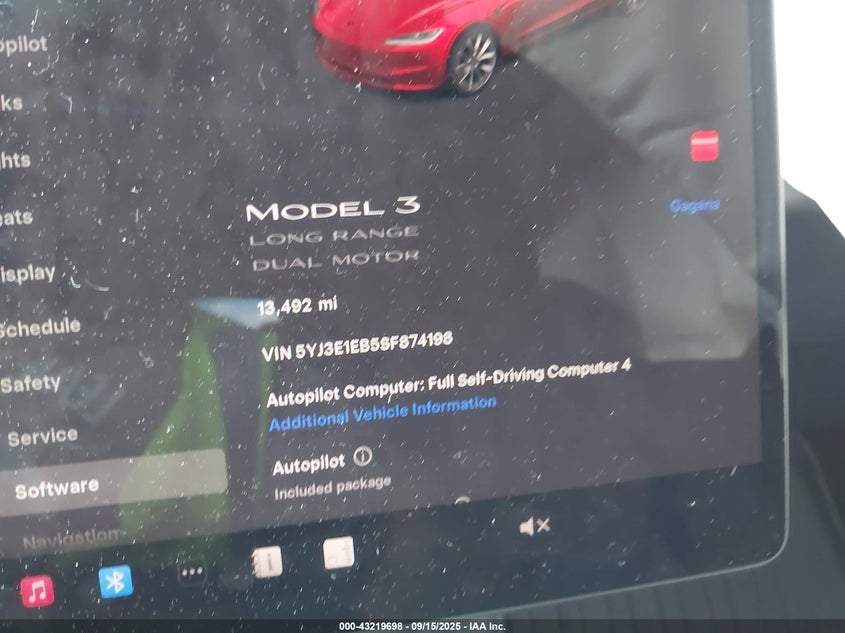 2025 Tesla Model 3 Long Range All-Wheel Drive VIN: 5YJ3E1EB5SF874198 Lot: 43219698