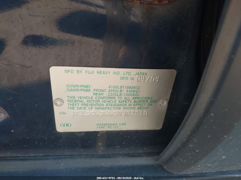 2005 Subaru Forester 2.5X VIN: JF1SG63665H702510 Lot: 43219703