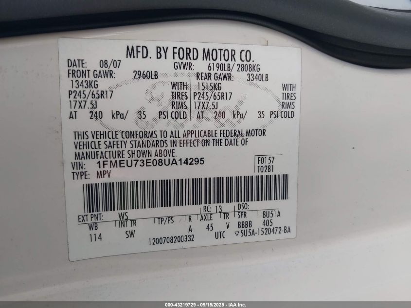 2008 Ford Explorer Xlt VIN: 1FMEU73E08UA14295 Lot: 43219729