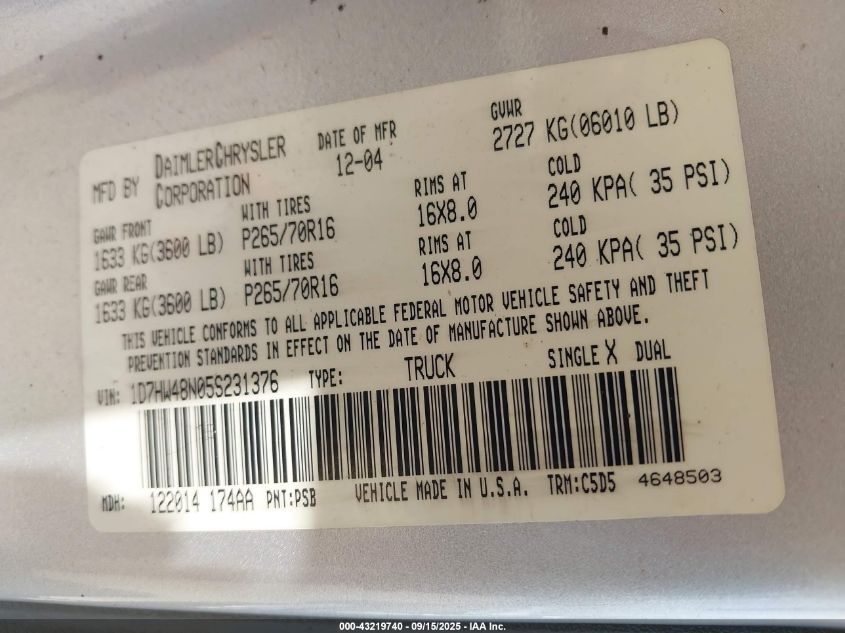 2005 Dodge Dakota Slt VIN: 1D7HW48N05S231376 Lot: 43219740