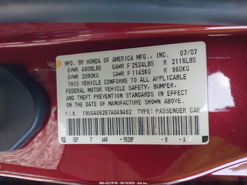 2007 Acura Tl VIN: 19UUA66267A049462 Lot: 43219748
