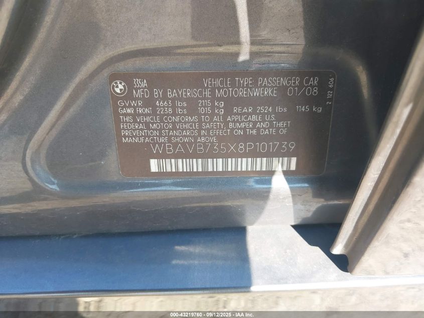 2008 BMW 335I VIN: WBAVB735X8P101739 Lot: 43219760