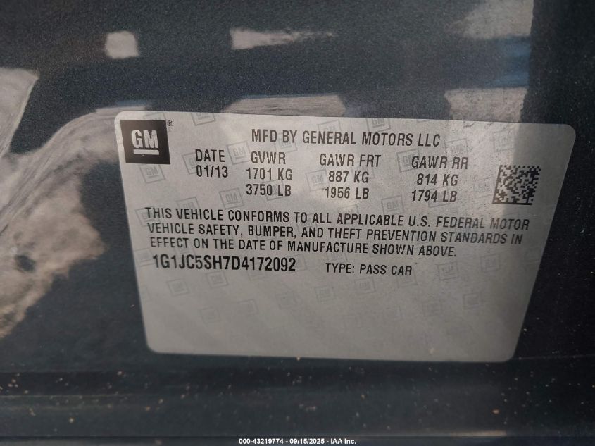 2013 Chevrolet Sonic Lt Auto VIN: 1G1JC5SH7D4172092 Lot: 43219774