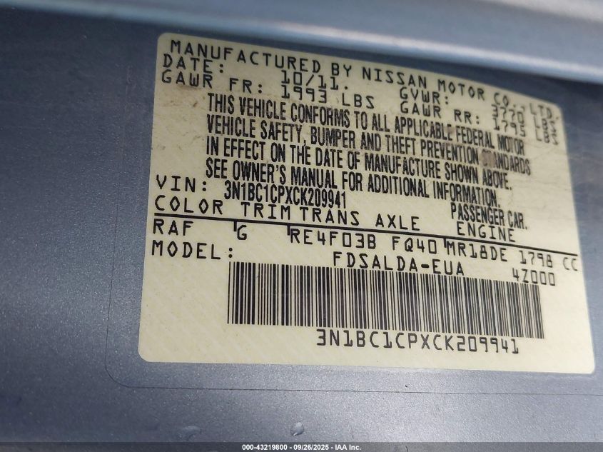 2012 Nissan Versa 1.8 S VIN: 3N1BC1CPXCK209941 Lot: 43219800