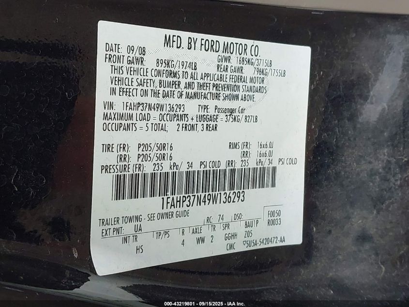 2009 Ford Focus Sel VIN: 1FAHP37N49W136293 Lot: 43219801