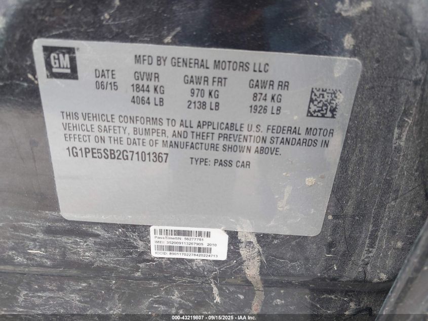 2016 Chevrolet Cruze Limited 1Lt Auto VIN: 1G1PE5SB2G7101367 Lot: 43219807