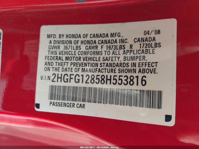 2008 Honda Civic Ex VIN: 2HGFG12858H553816 Lot: 43219817