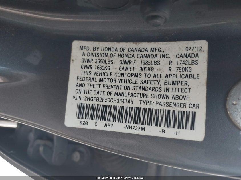 2HGFB2F50CH334145 2012 HONDA CIVIC photo no. 9
