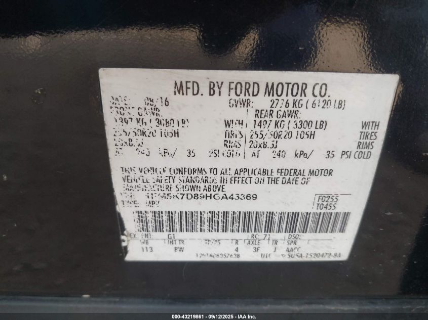 2017 Ford Explorer Xlt VIN: 1FM5K7D89HGA43369 Lot: 43219861