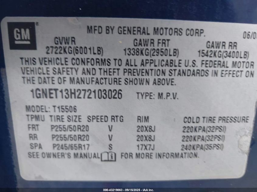 2007 Chevrolet Trailblazer Ss VIN: 1GNET13H272103026 Lot: 43219863