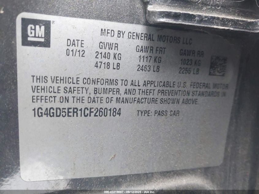2012 Buick Lacrosse Premium 1 Group VIN: 1G4GD5ER1CF260184 Lot: 43219887