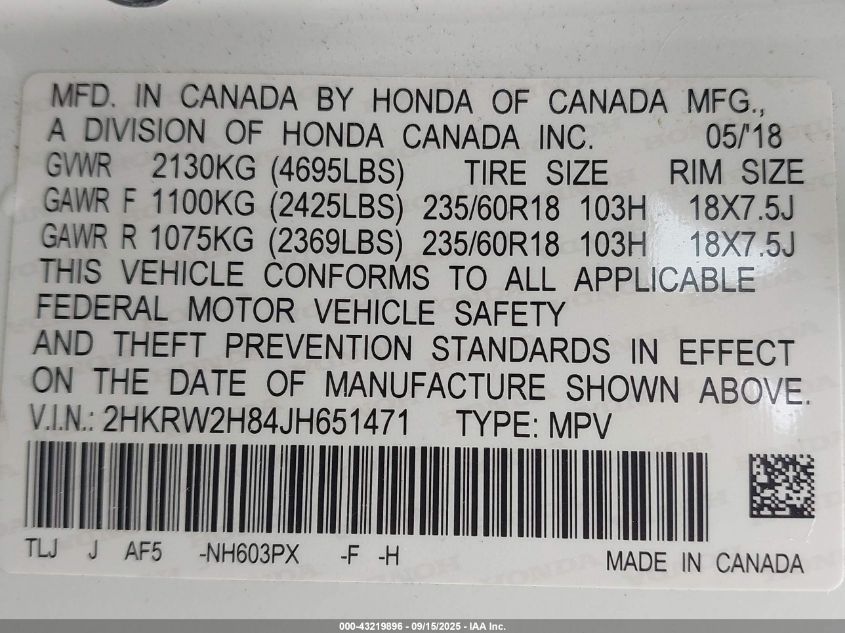 2018 Honda Cr-V Ex-L/Ex-L Navi VIN: 2HKRW2H84JH651471 Lot: 43219896