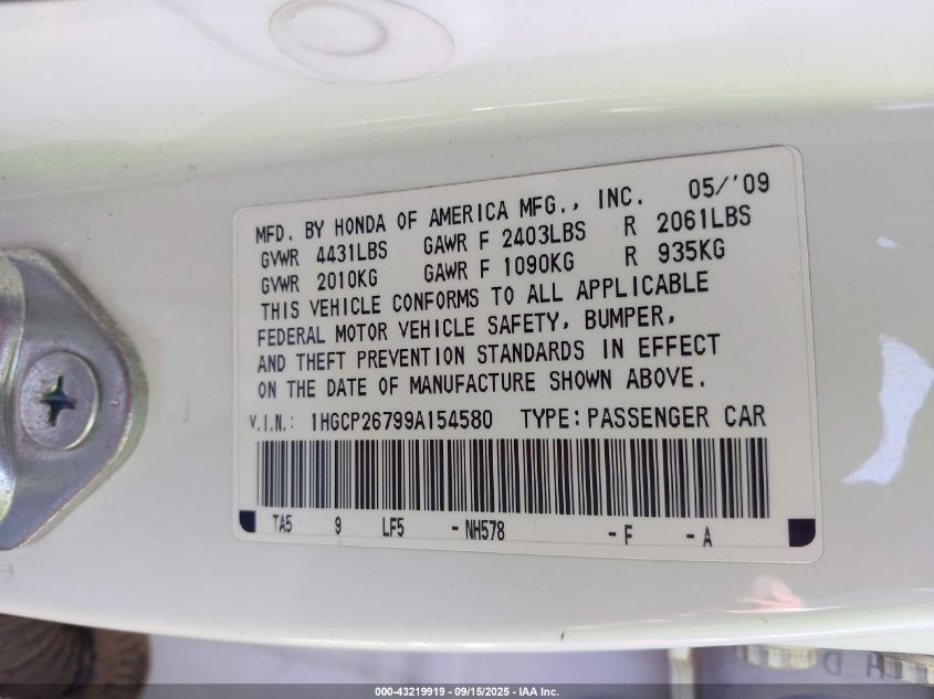 2009 Honda Accord 2.4 Ex VIN: 1HGCP26799A154580 Lot: 43219919