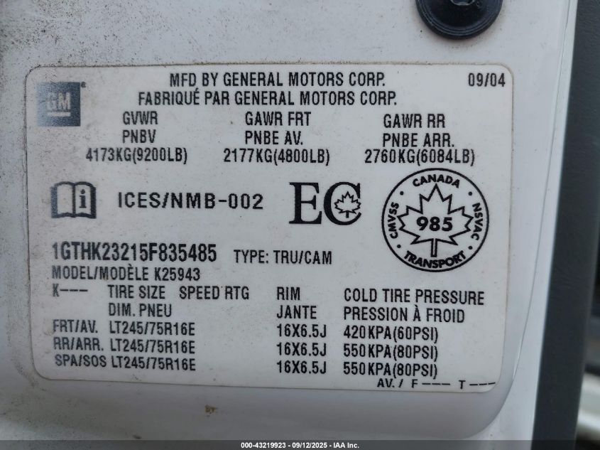 2005 GMC Sierra 2500Hd Sle/Slt/Work Truck VIN: 1GTHK23215F835485 Lot: 43219923