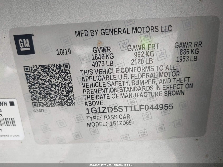 2020 Chevrolet Malibu Fwd Lt VIN: 1G1ZD5ST1LF044955 Lot: 43219926