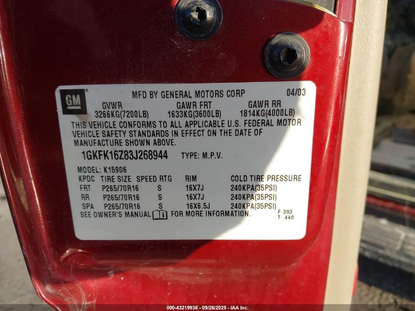 2003 GMC Yukon Xl 1500 Slt VIN: 1GKFK16Z83J268944 Lot: 43219936