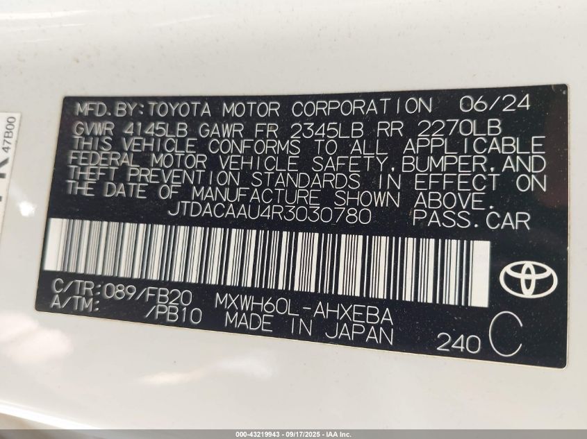 2024 Toyota Prius Le VIN: JTDACAAU4R3030780 Lot: 43219943