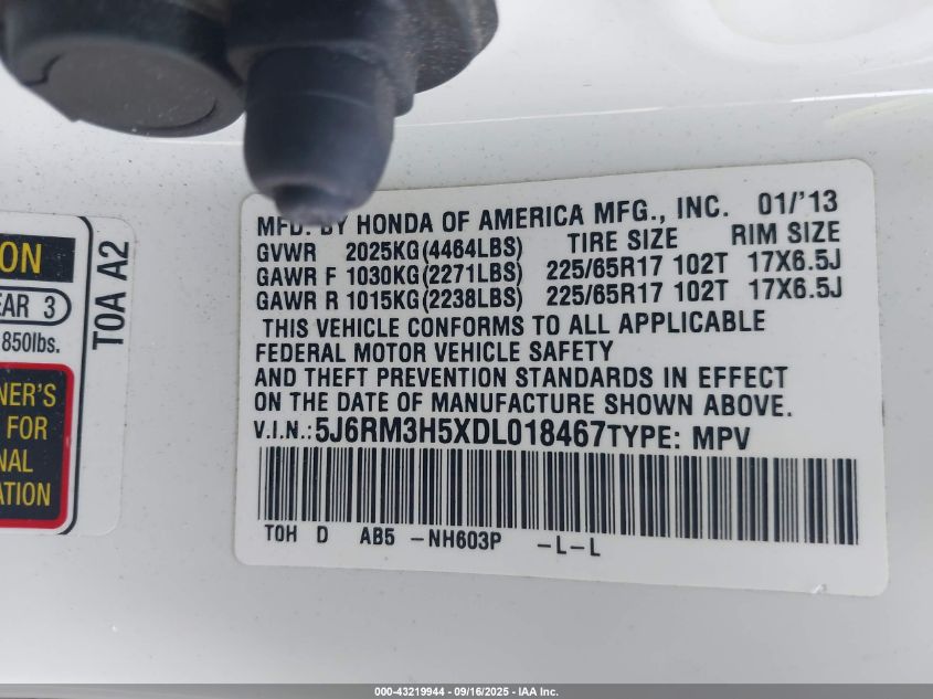 2013 Honda Cr-V Ex VIN: 5J6RM3H5XDL018467 Lot: 43219944
