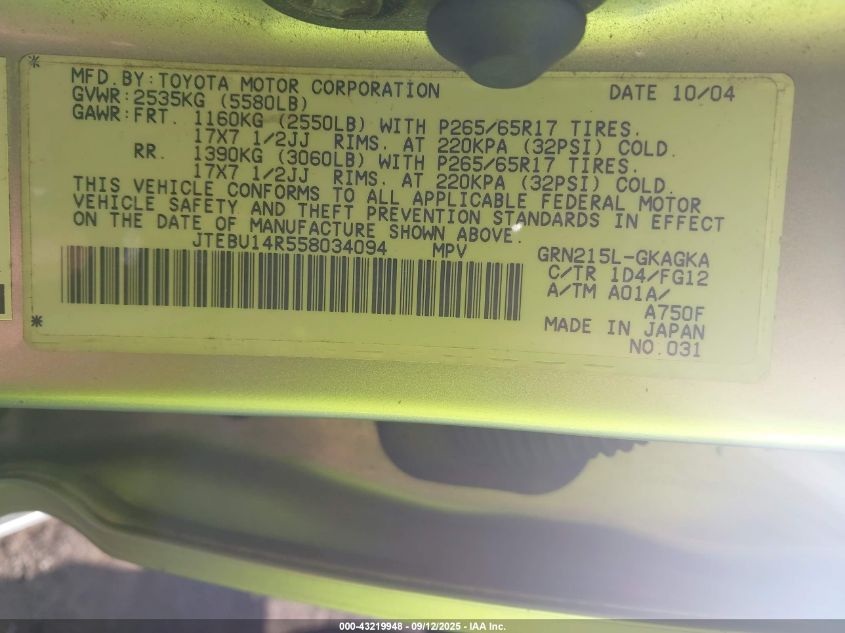 2005 Toyota 4Runner Sr5 V6 VIN: JTEBU14R558034094 Lot: 43219948