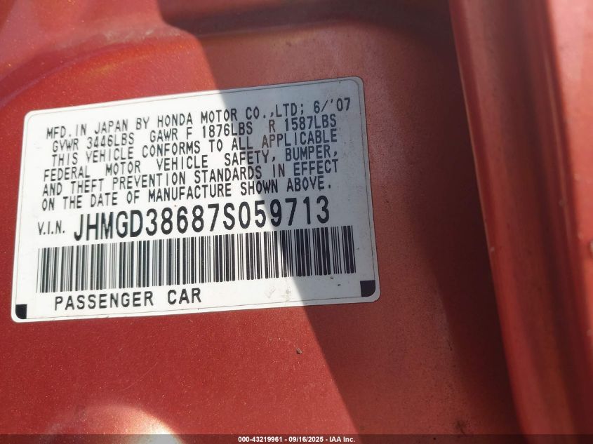 2007 Honda Fit Sport VIN: JHMGD38687S059713 Lot: 43219961