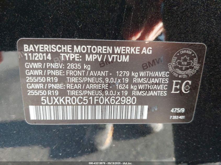 2015 BMW X5 xDrive35I VIN: 5UXKR0C51F0K62980 Lot: 43219976