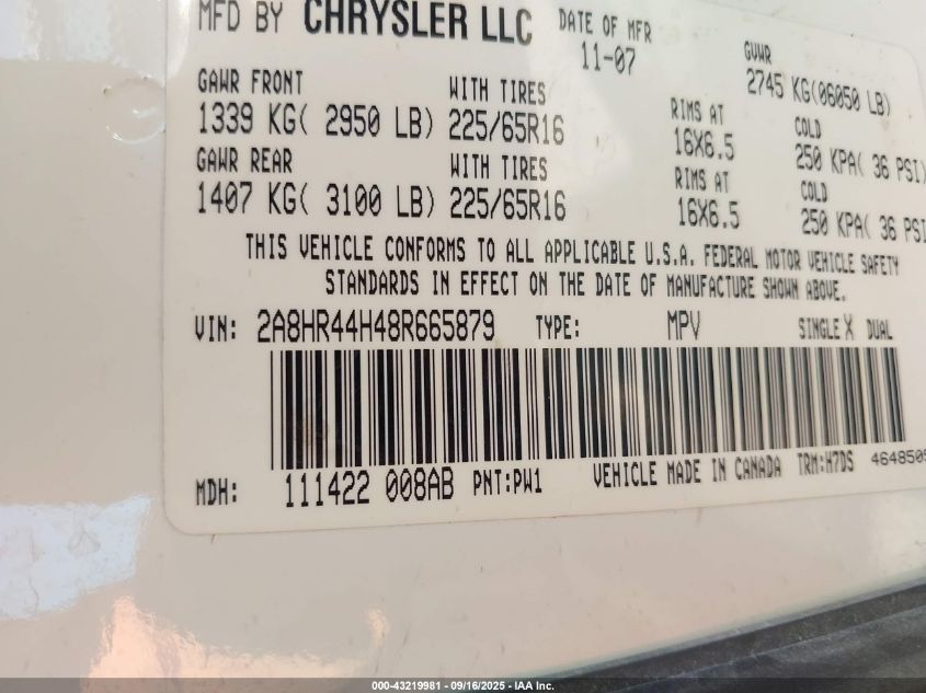 2008 Chrysler Town & Country Lx VIN: 2A8HR44H48R665879 Lot: 43219981