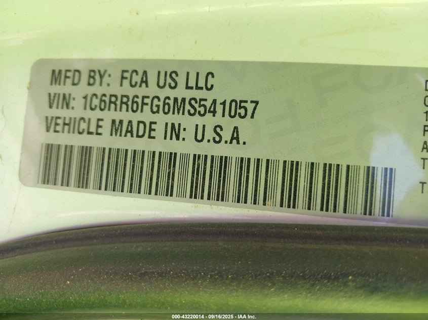 2021 Ram 1500 Classic Tradesman 4X2 6'4 Box VIN: 1C6RR6FG6MS541057 Lot: 43220014