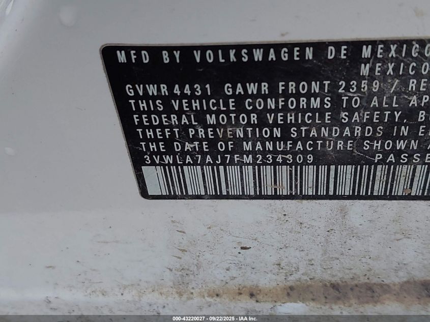 2015 Volkswagen Jetta 2.0L Tdi S VIN: 3VWLA7AJ7FM234309 Lot: 43220027