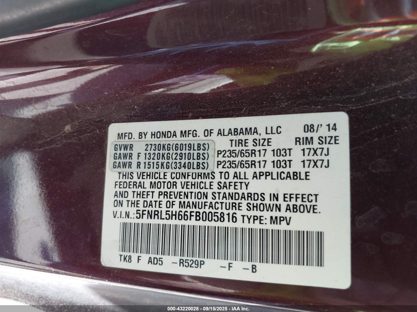 2015 Honda Odyssey Ex-L VIN: 5FNRL5H66FB005816 Lot: 43220028