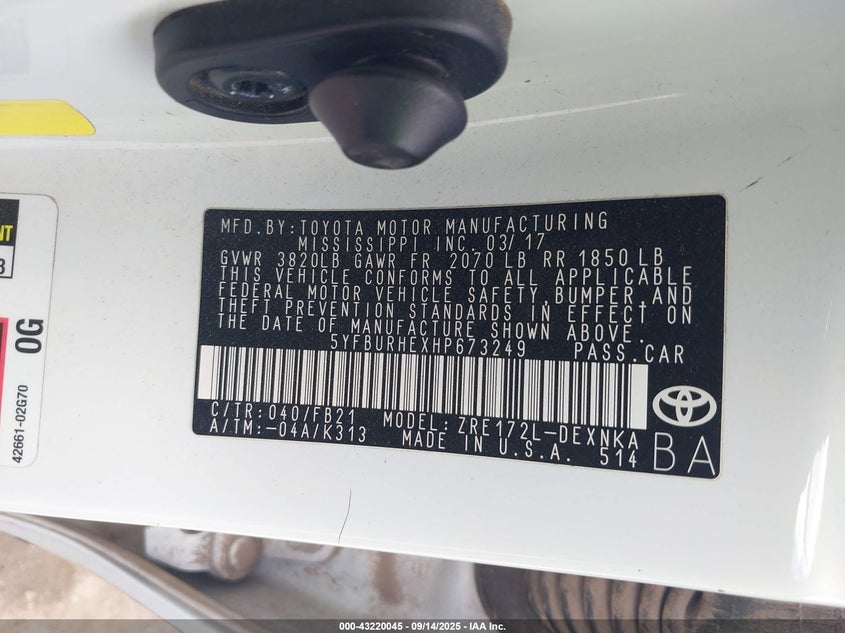 2017 Toyota Corolla Le VIN: 5YFBURHEXHP673249 Lot: 43220045