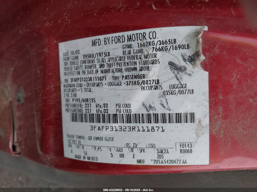 2003 Ford Focus Zx3 VIN: 3FAFP31323R111871 Lot: 43220052