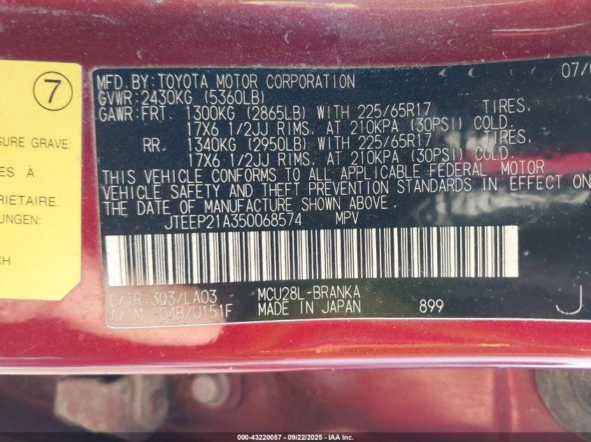 2005 Toyota Highlander Limited V6 VIN: JTEEP21A350068574 Lot: 43220057