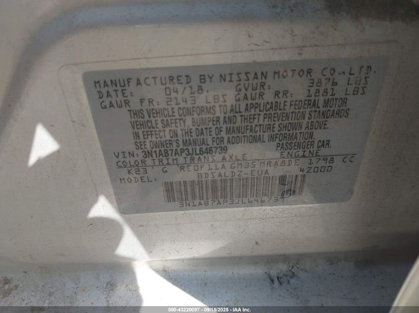 2018 Nissan Sentra Sv VIN: 3N1AB7AP3JL646739 Lot: 43220097