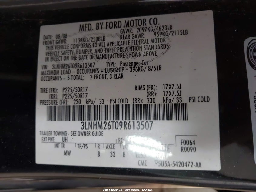 2009 Lincoln Mkz VIN: 3LNHM26T09R613507 Lot: 43220104