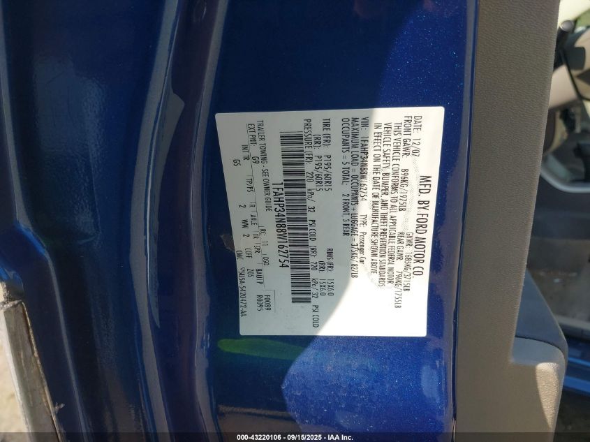 2008 Ford Focus S VIN: 1FAHP34N88W162754 Lot: 43220106